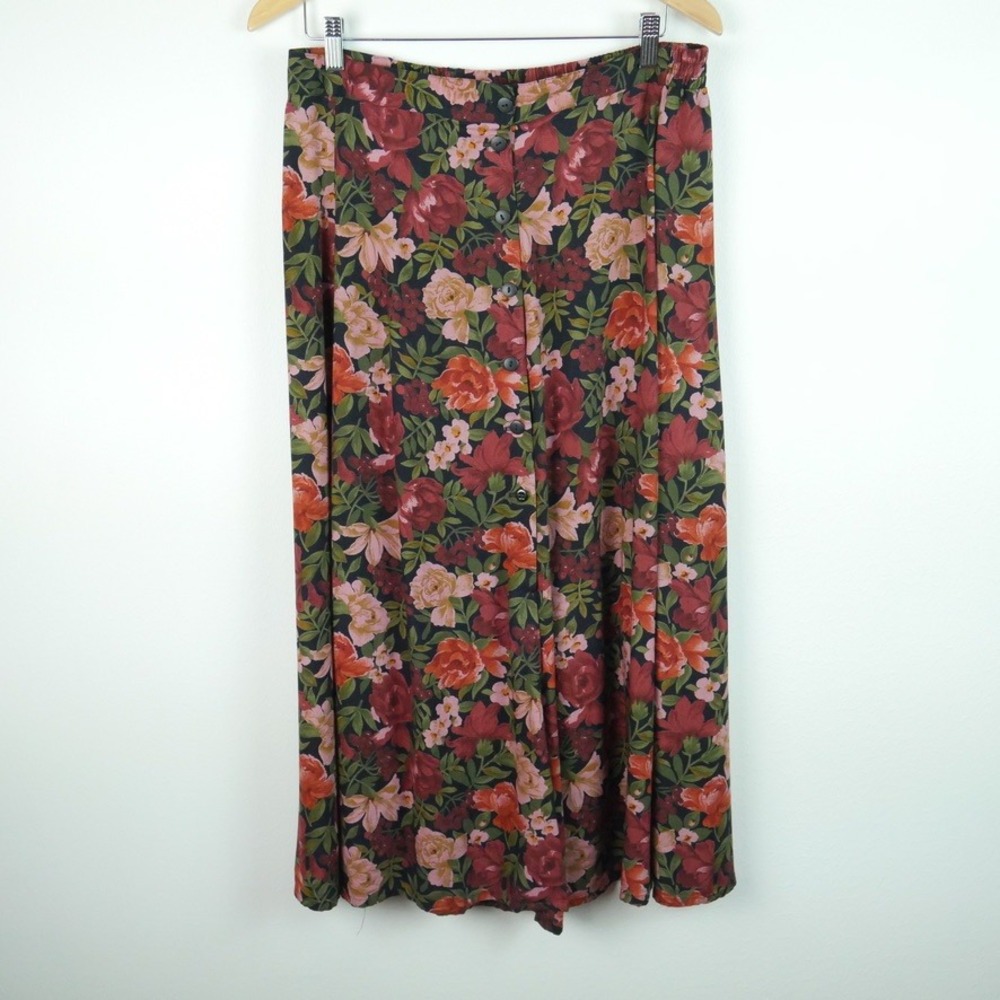 Vintage 90s Floral Button Front Maxi Skirt XL Moody Floral‎ Whimsigoth Grunge